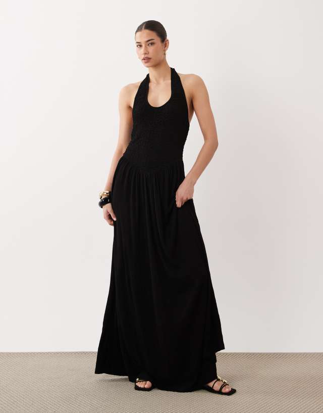 asos halter neck midi dress DESIGN crinkle in black tiered beach dress