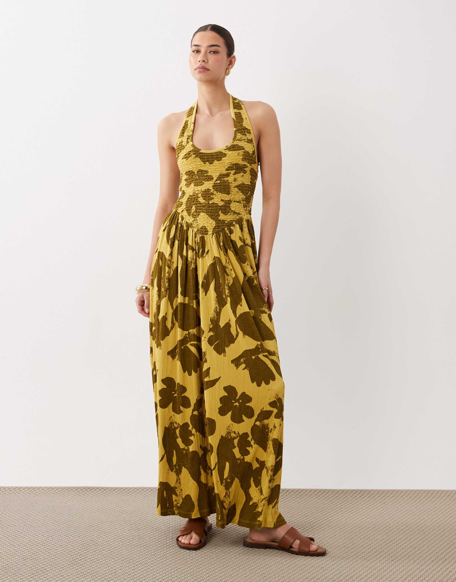 asos design crinkle halter neck midi dress in green floral print