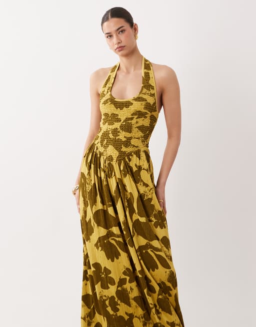 ASOS DESIGN crinkle halter neck midi dress in green floral print, 3 of 4