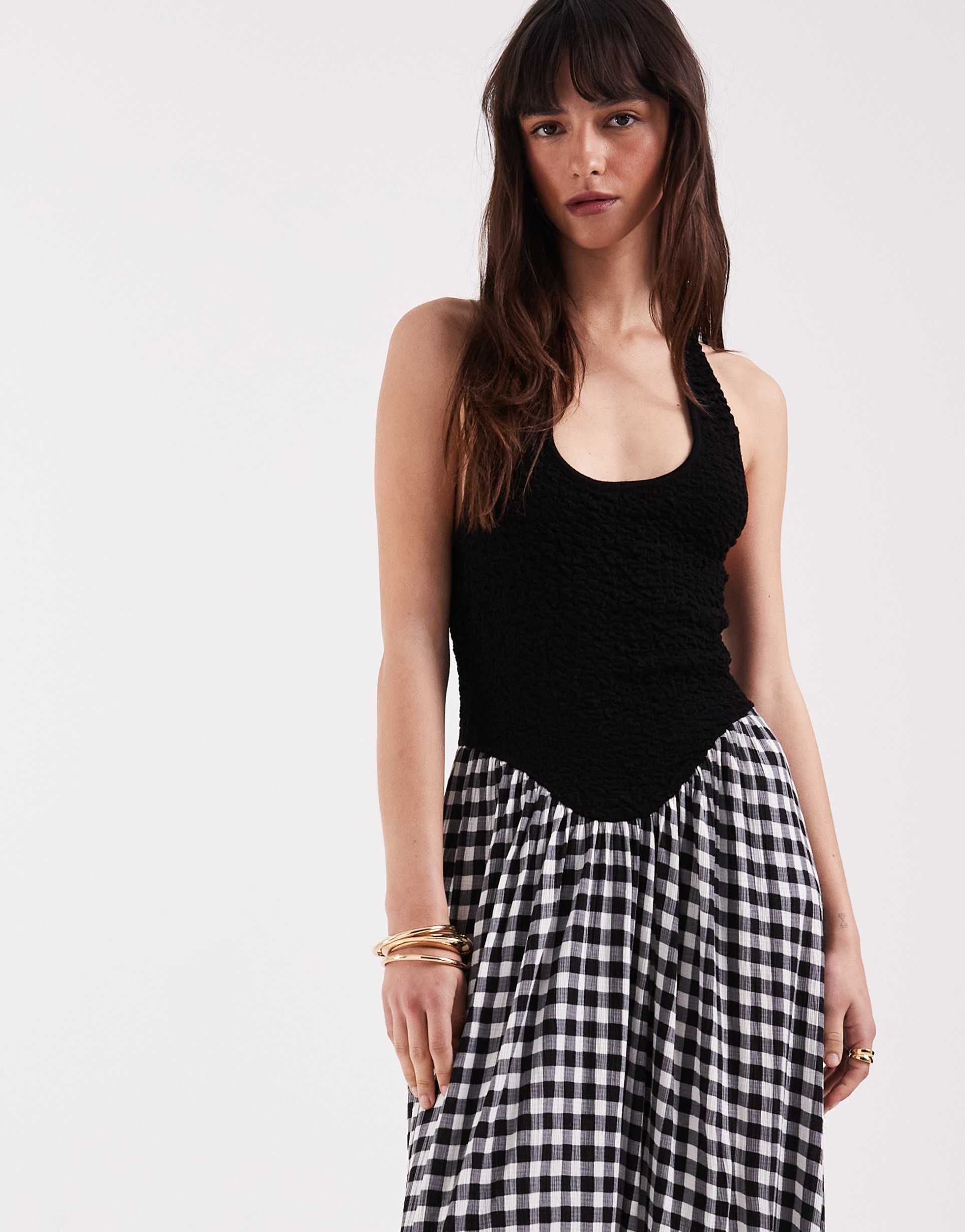 asos design crinkle halter neck midi dress in mono gingham print