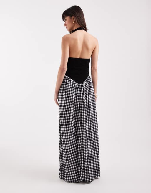 ASOS DESIGN crinkle halter neck midi dress in mono gingham print, 4 of 4