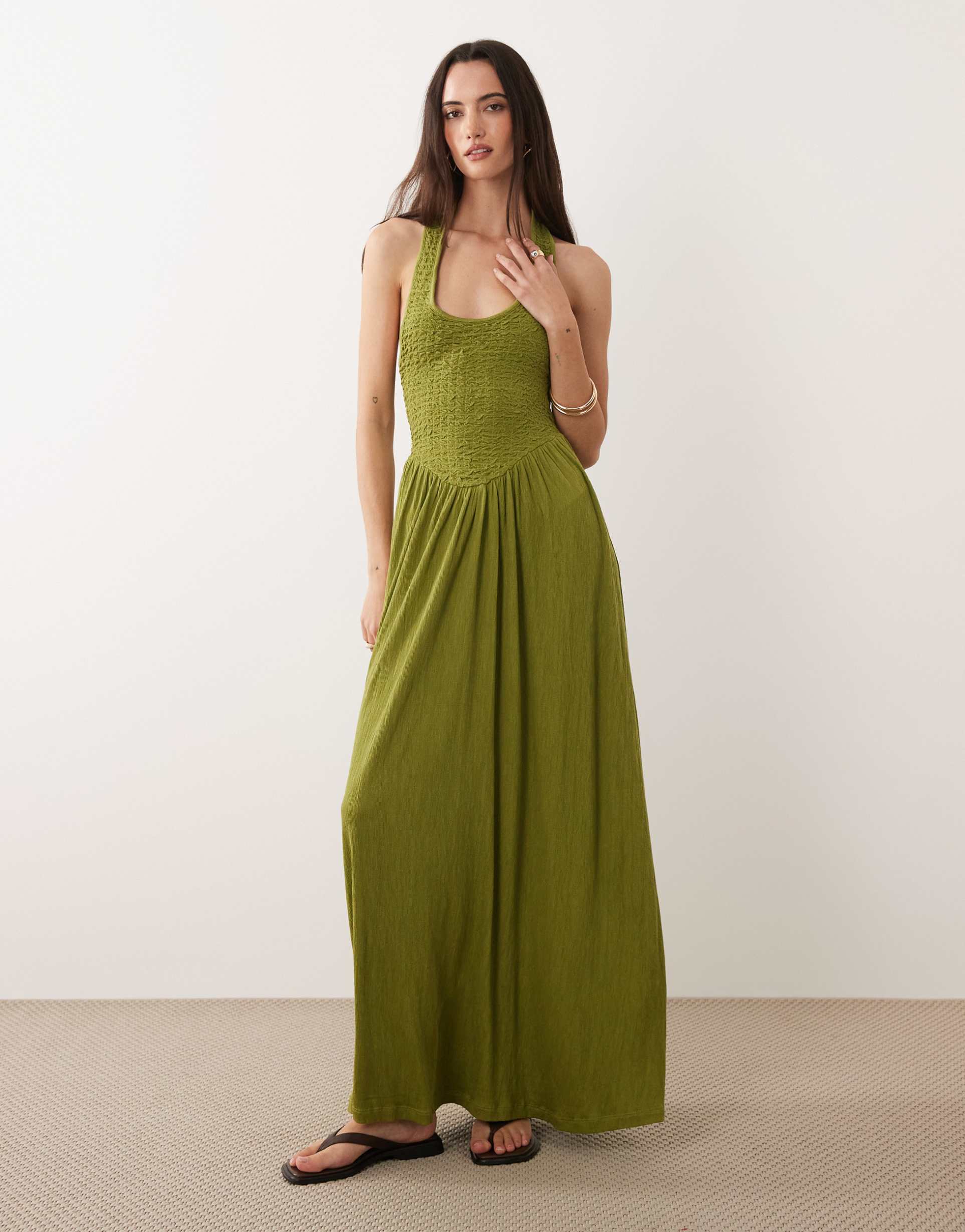 asos design crinkle halter neck midi dress in olive