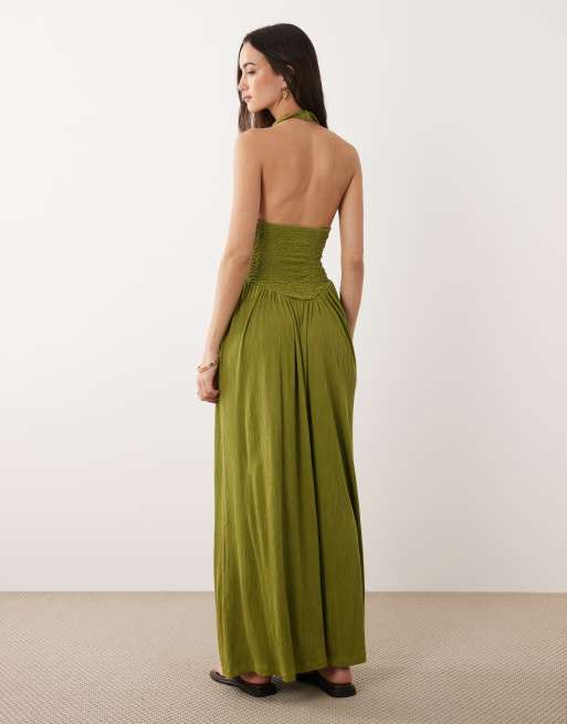 ASOS DESIGN crinkle halter neck midi dress in olive, 4 of 4