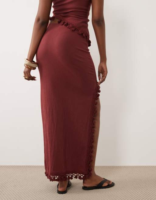 ASOS DESIGN crinkle high slit skirt with tassel detailing in rust - part of a set, 5 of 5