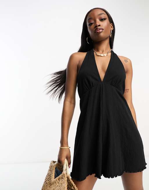 ASOS DESIGN crinkle jersey halter romper in black