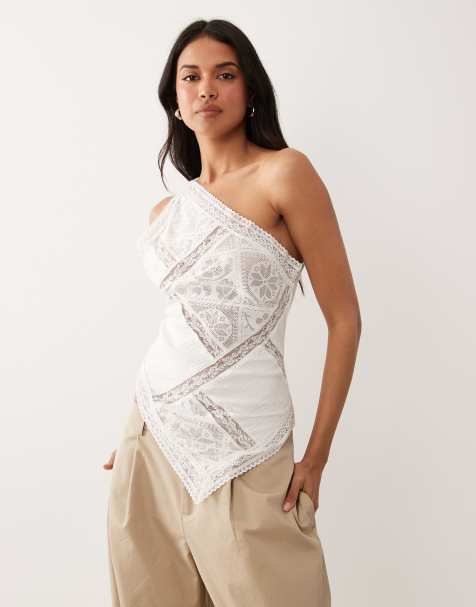 ASOS DESIGN crinkle lace mix one shoulder asymmetric top in white - view 1