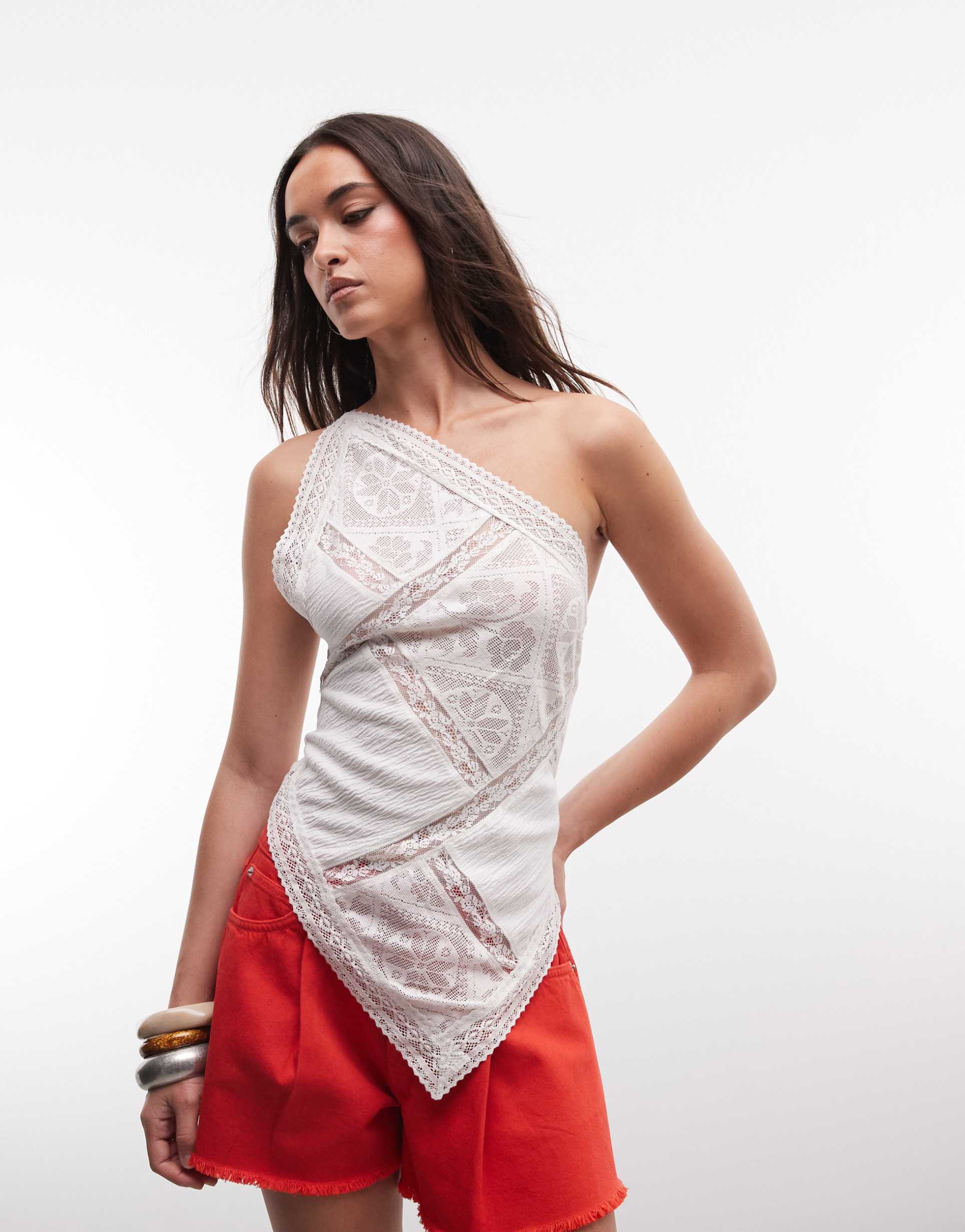 asos design crinkle lace mix one shoulder asymmetric top in white