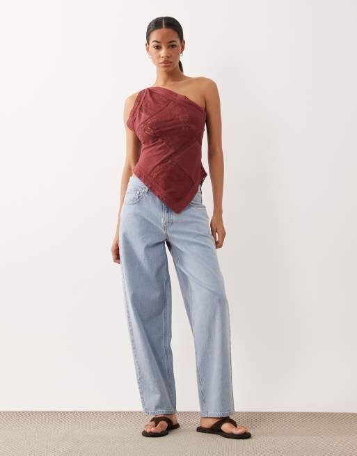 ASOS DESIGN crinkle lace mix one shoulder asymmetric top in white, 3 of 4
