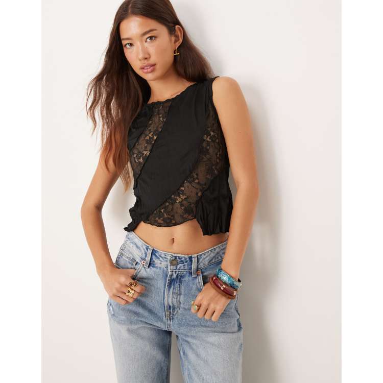 ASOS DESIGN crinkle lace mix tank top in black | ASOS