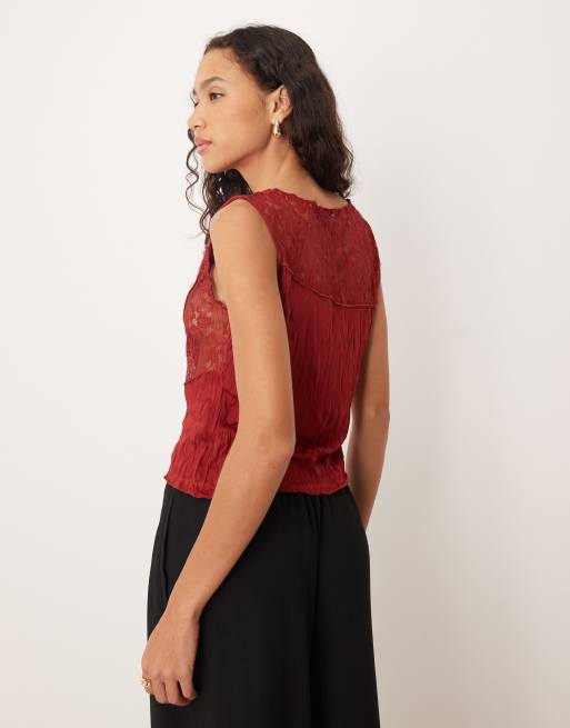 ASOS DESIGN crinkle lace mix tank top in burgundy