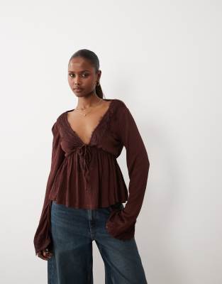 Asos Design Crinkle Lace Trim Plunge Neck Top With Flare Sleeves In Brown