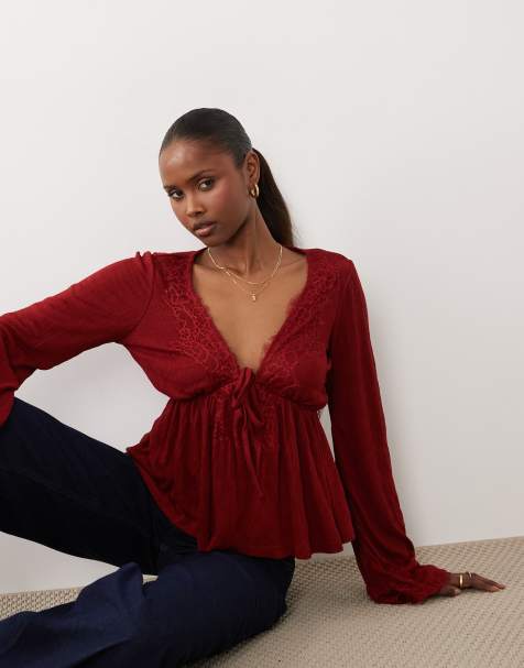 ASOS DESIGN crinkle lace trim plunge neck top with flare sleeves in red - view 1