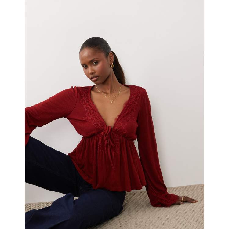 ASOS DESIGN crinkle lace trim plunge neck top with flare sleeves