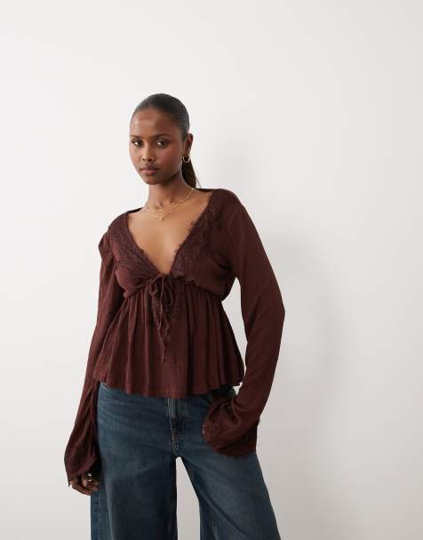 ASOS DESIGN crinkle lace trim plunge top with flare sleeve in chocolate - view 1