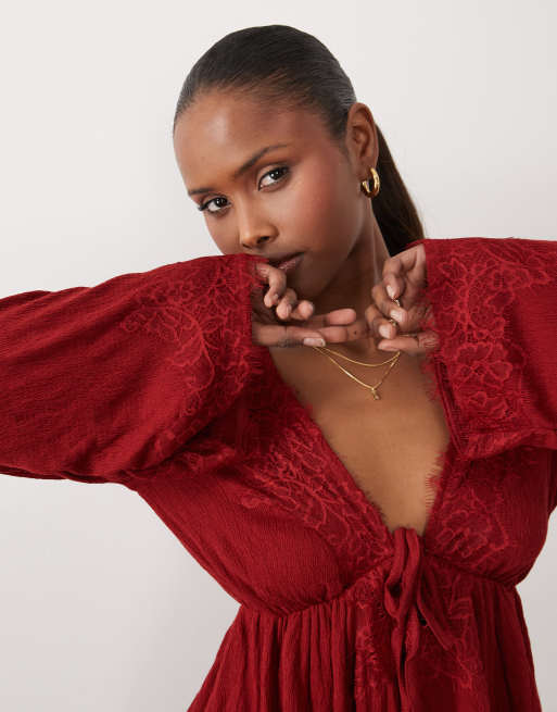 ASOS DESIGN crinkle lace trim plunge top with flare sleeve in red, 2 of 4
