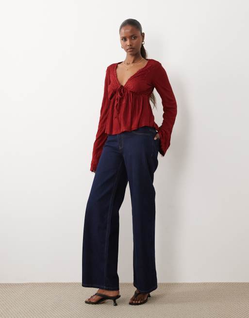 ASOS DESIGN crinkle lace trim plunge top with flare sleeve in red, 3 of 4