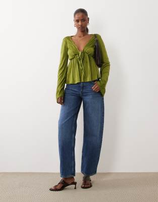 Asos Design Crinkle Lace Trim Plunge Top With Flare Sleeves In Green