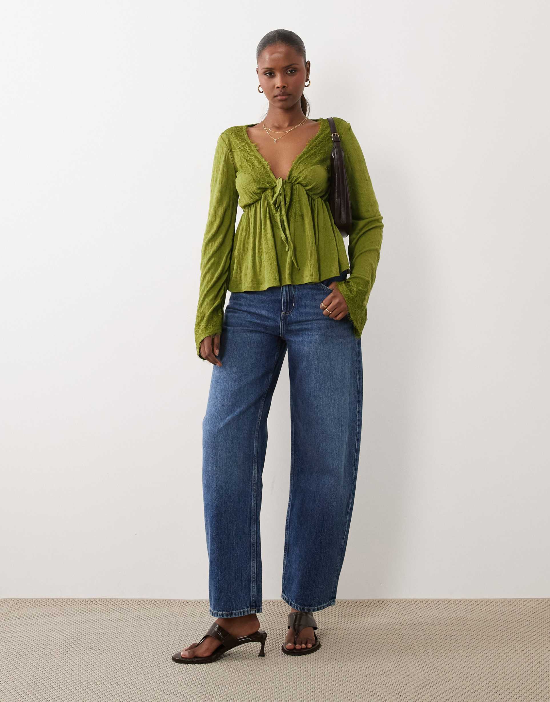 asos design crinkle lace trim plunge top with flare sleeves in green