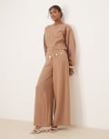 [ASOS DESIGN] ASOS DESIGN crinkle linen look high waisted corset waist pants in taupe (part of a set)-Brown 18 Taupe