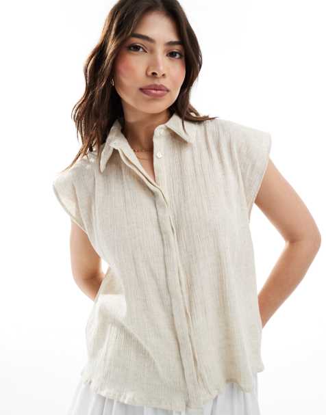 ASOS DESIGN crinkle linen look sleeveless shirt in natural - view 1
