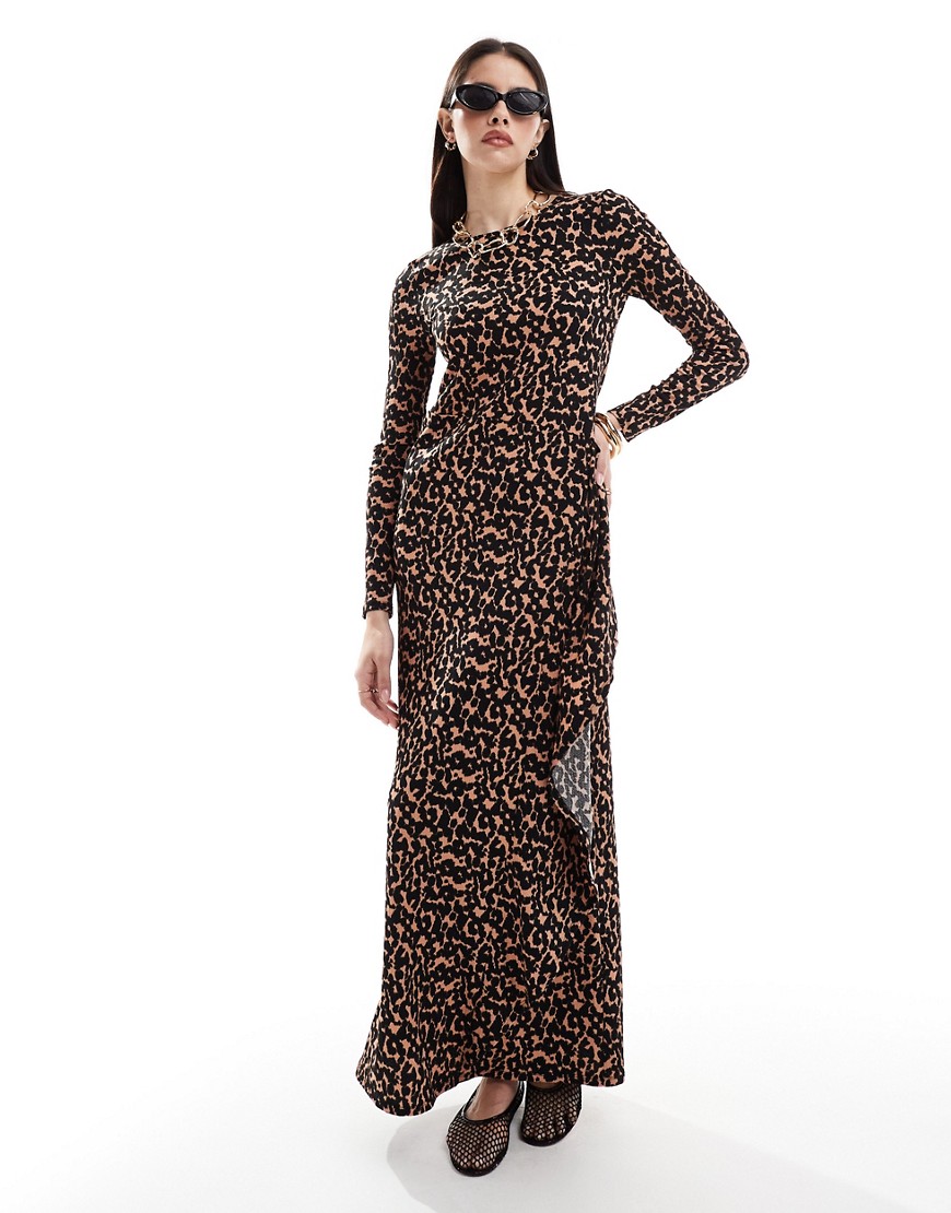 ASOS DESIGN crinkle long sleeve maxi dress in leopard print-Multi