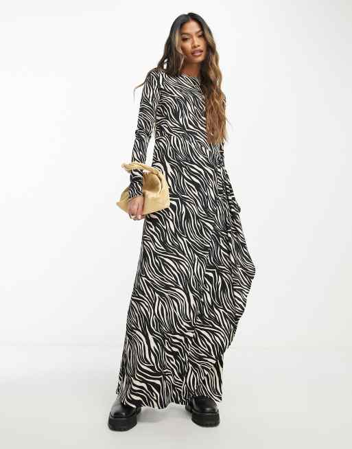 ASOS DESIGN crinkle long sleeve maxi dress in mono zebra print