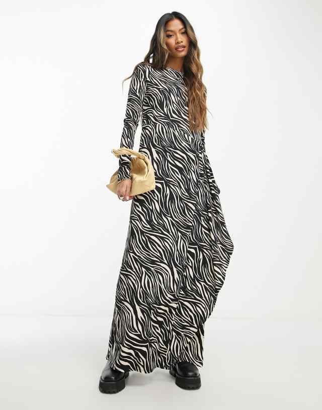 ASOS DESIGN crinkle long sleeve maxi dress in mono zebra print