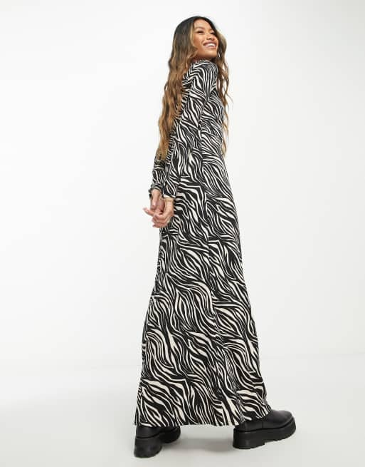 ASOS DESIGN long sleeve ruffle detail maxi dress in black based mono spot