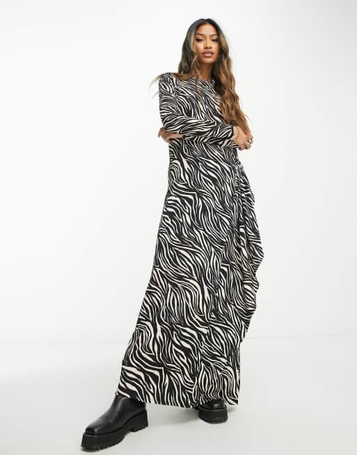 ASOS DESIGN crinkle long sleeve maxi dress in mono zebra print ASOS