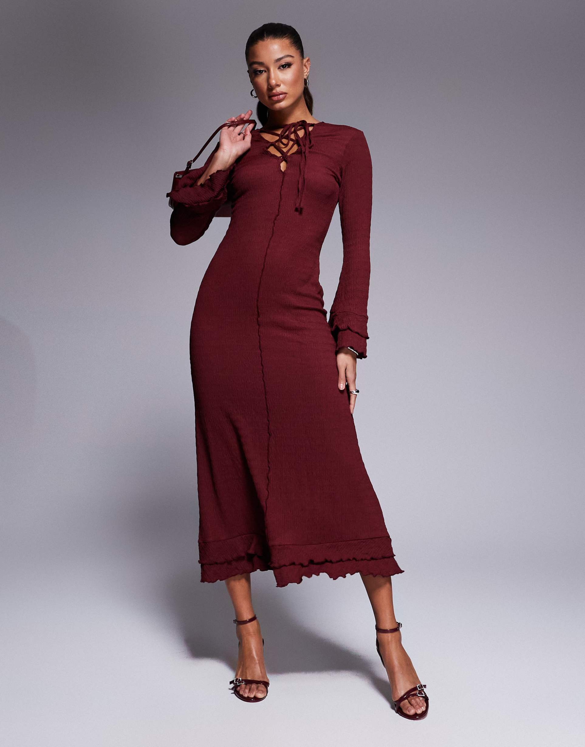 asos design crinkle long sleeve ruffle maxi dress in burgundy