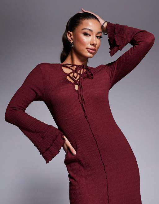 asos burgundy ruffle dress ASOS DESIGN ruffle corset detail tiered maxi dress with hi low hem in  burgundy