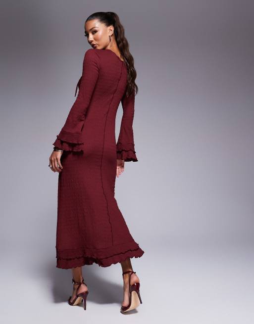 asos burgundy ruffle dress ASOS DESIGN crinkle long sleeve ruffle maxi dress in burgundy