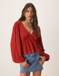 [ASOS DESIGN] ASOS DESIGN crinkle long sleeve tie back top in rust-Red 8 Rust