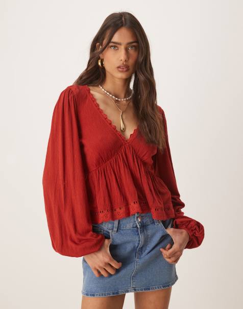 ASOS DESIGN crinkle long sleeves tie back top in rust - view 1