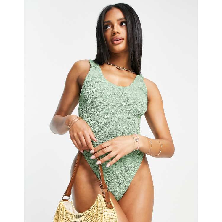 ASOS DESIGN crinkle low back swimsuit in neutral