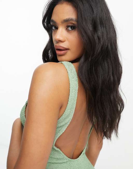 ASOS DESIGN crinkle low back swimsuit in khaki, 3 of 4