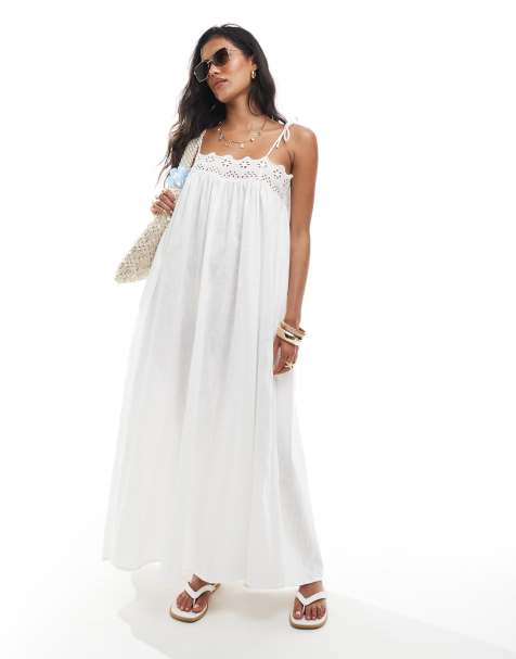 ASOS DESIGN crinkle maxi beach dress with broderie trim in white - view 1