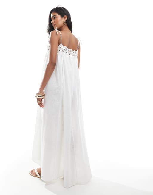 ASOS DESIGN crinkle maxi beach sundress with broderie trim in white, 3 of 4