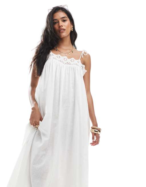 ASOS DESIGN crinkle maxi beach sundress with broderie trim in white, 4 of 4