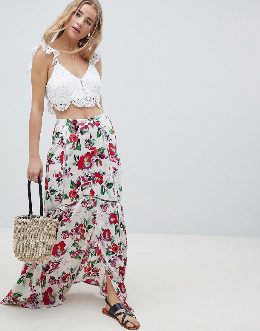 ASOS DESIGN crinkle maxi skirt with lace trim detail in print-Multi