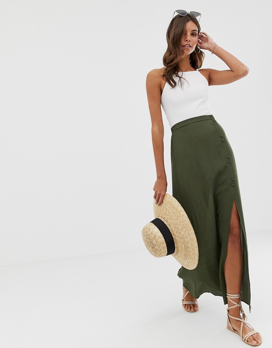 ASOS DESIGN crinkle maxi skirt with self covered buttons-Green