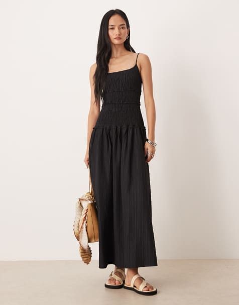 ASOS DESIGN crinkle maxi sundress with shirred dropped waist in black - view 1