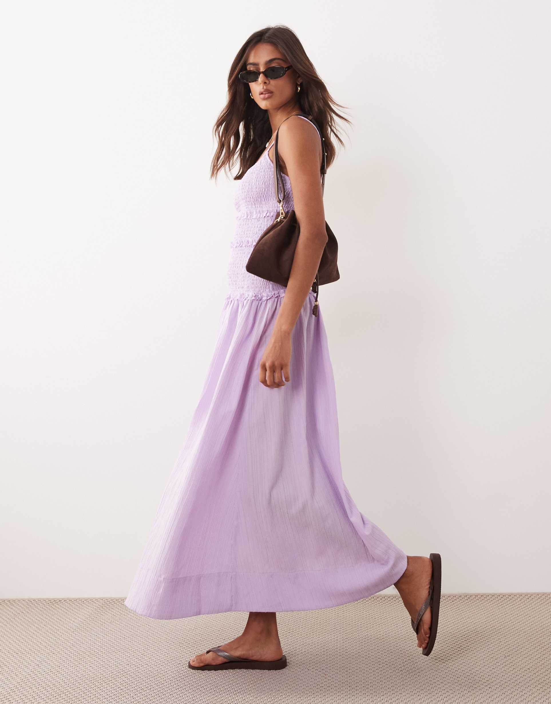 asos design crinkle maxi sundress with shirred dropped waist in lilac
