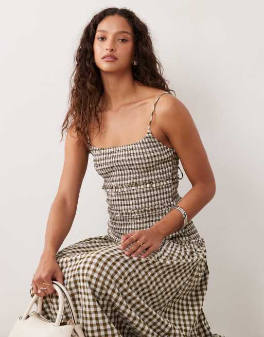 ASOS DESIGN crinkle maxi sundress with shirred dropped waist in olive and cream gingham, 2 of 4
