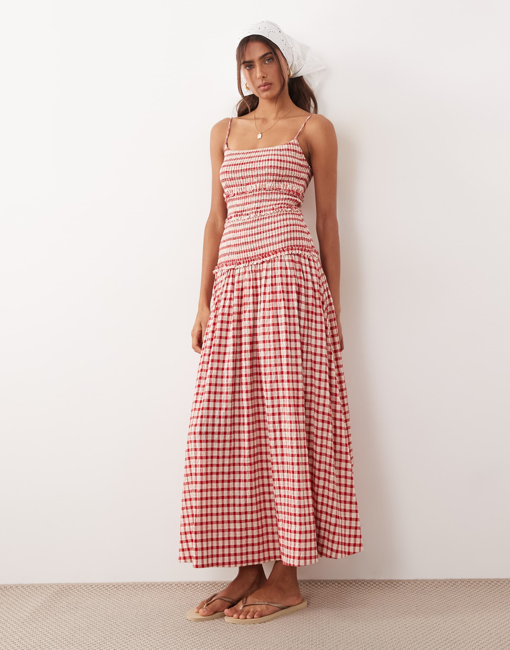 asos design crinkle maxi sundress with shirred dropped waist in red gingham