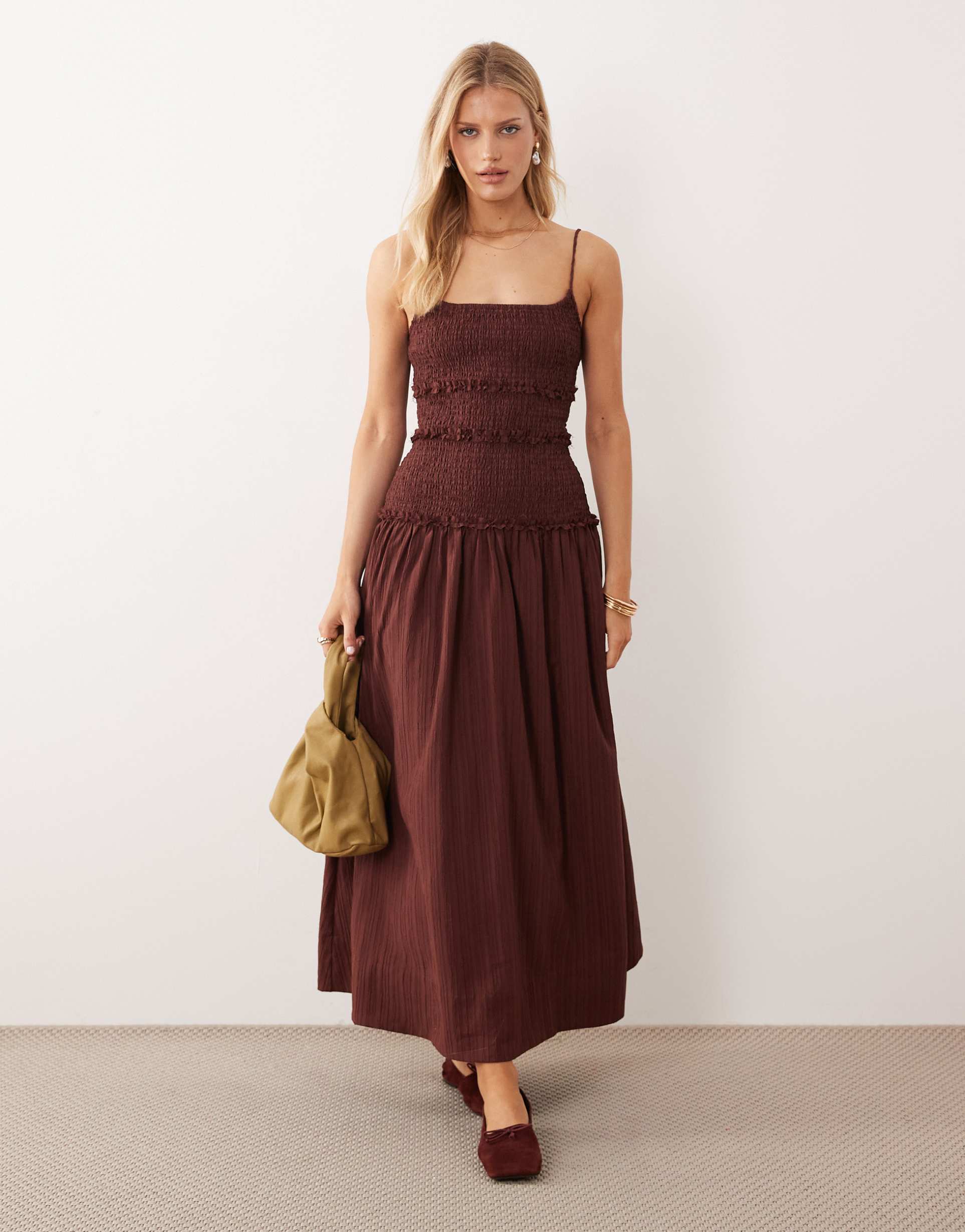 asos design crinkle maxi sundress with shirred dropped waist in warm chocolate