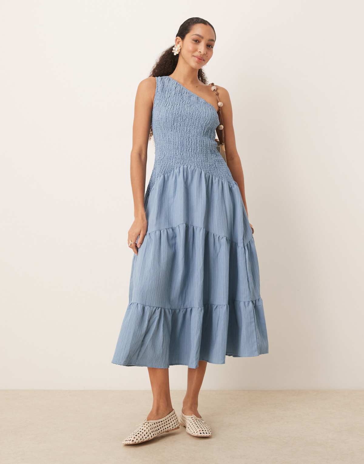 ASOS DESIGN crinkle midi dress with asymmetric neckline in steel blue