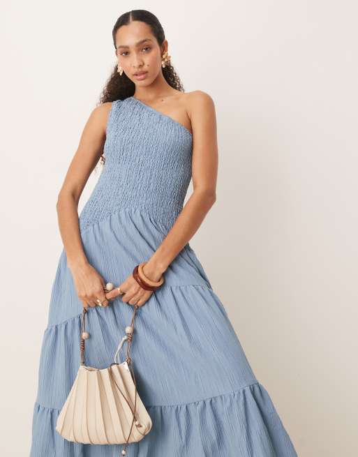 ASOS DESIGN crinkle midi dress with asymmetric neckline in steel blue, 2 of 4