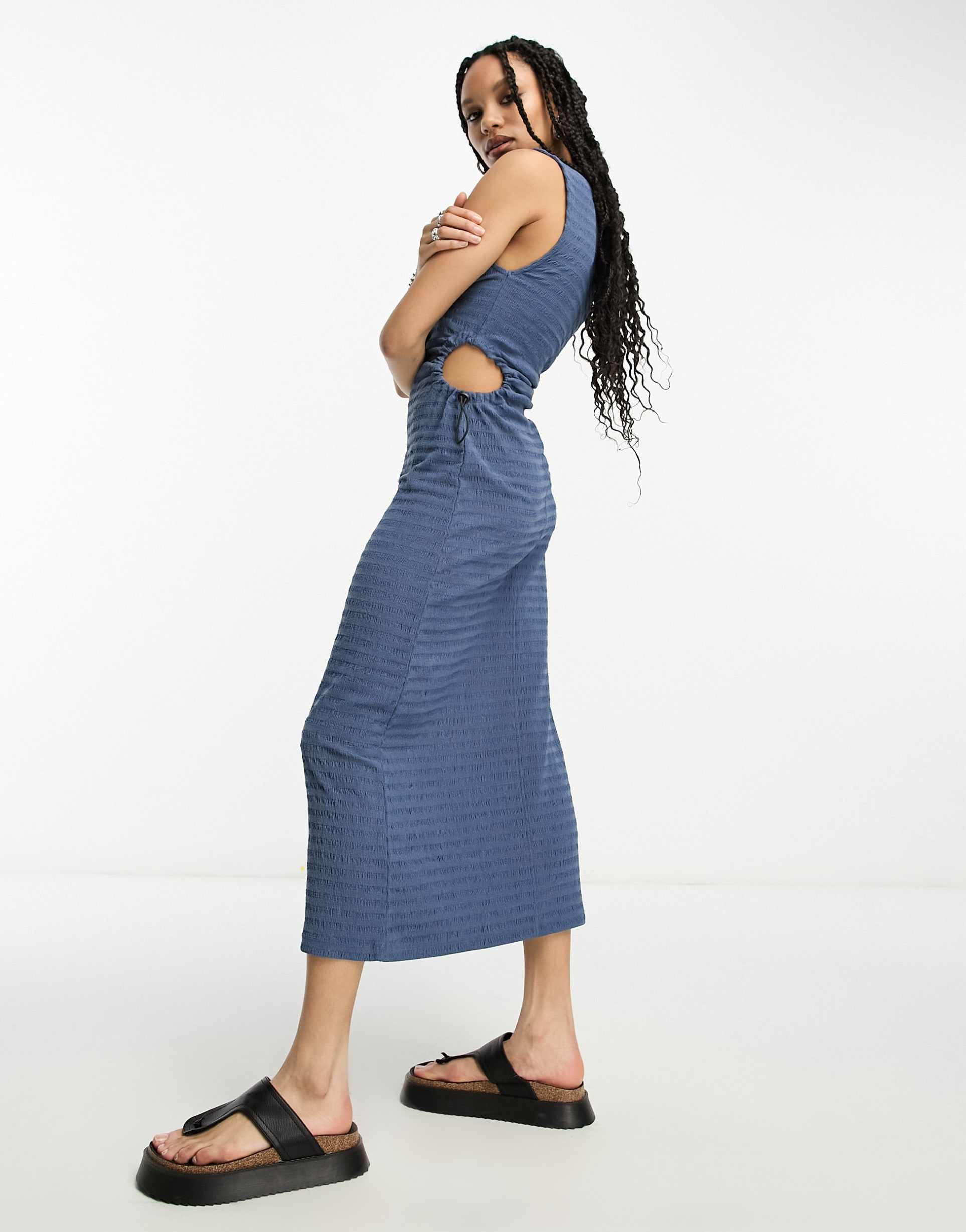 asos design crinkle midi dress with cut out side detail and toggle trim in blue