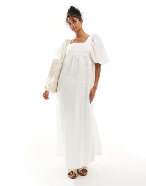 ASOS DESIGN crinkle midi smock dress with puff half-sleeve in cream - view 1